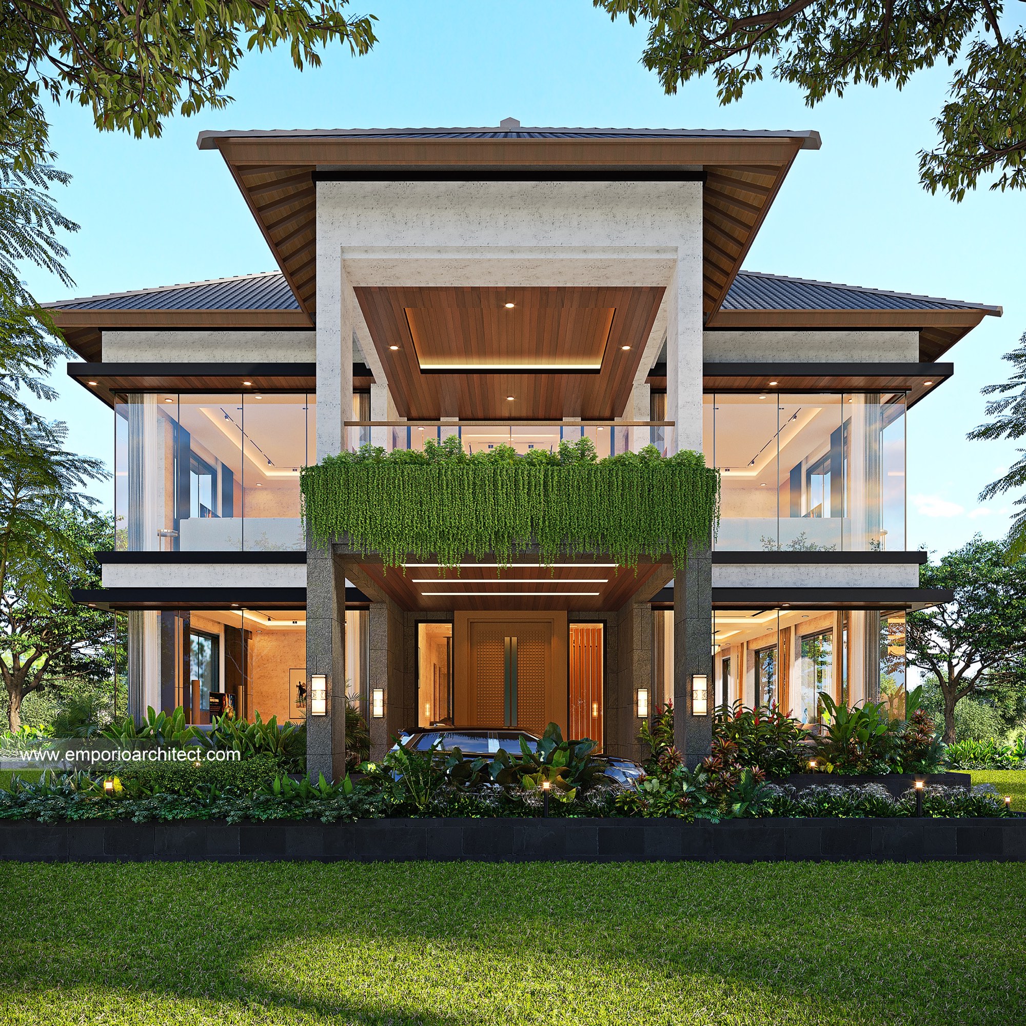 Front view of the Tropical Brotherhood Retreat main villa — modern tropical architecture with glass walls, teak ceilings and hanging gardens
