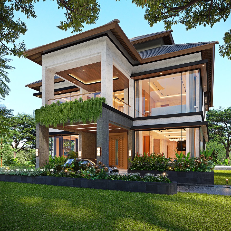 Main villa exterior seen from the front right, surrounded by tropical planting